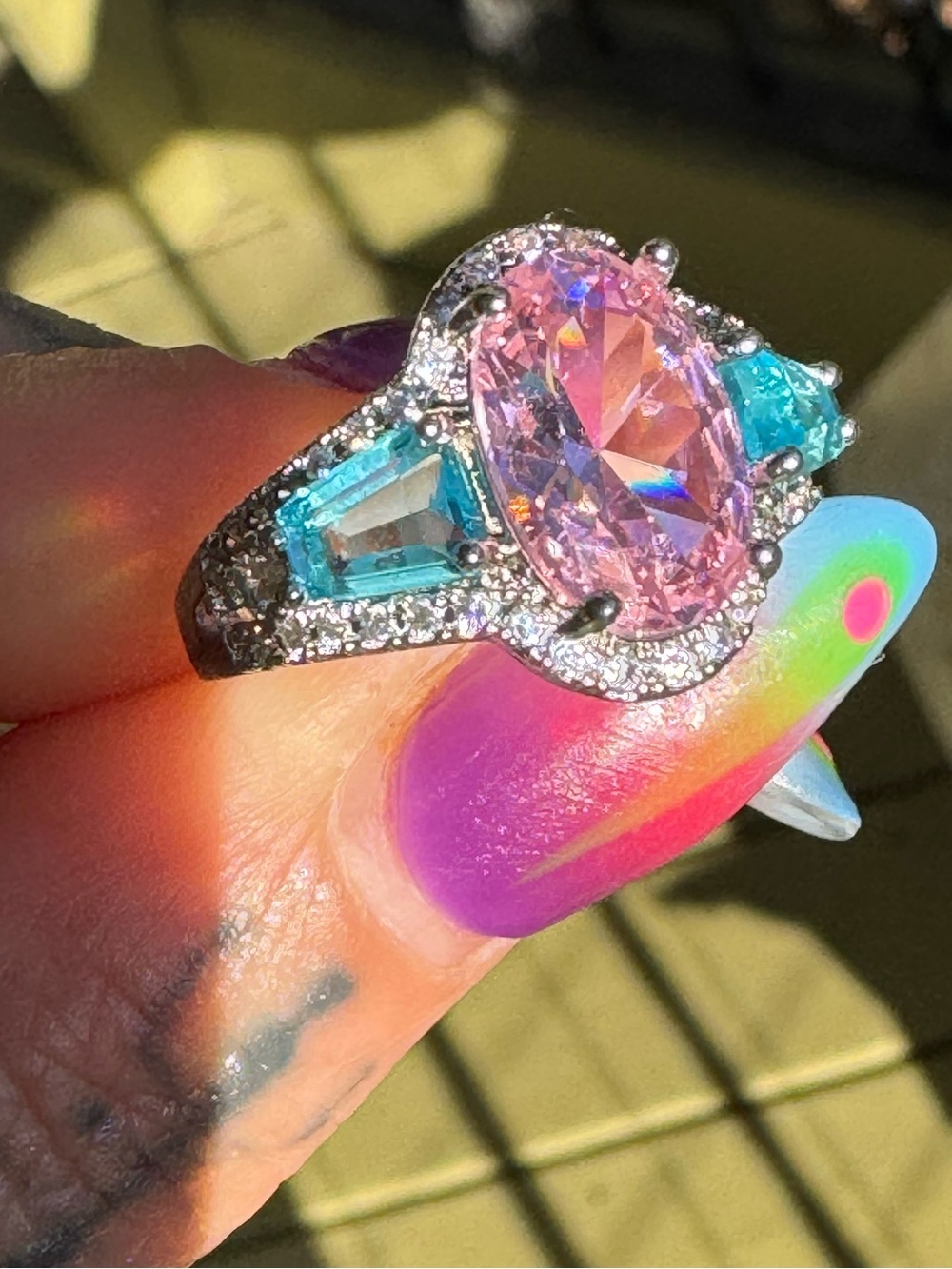 Pink Oval Crystal Ring with Blue Side Crystals- Silver Band